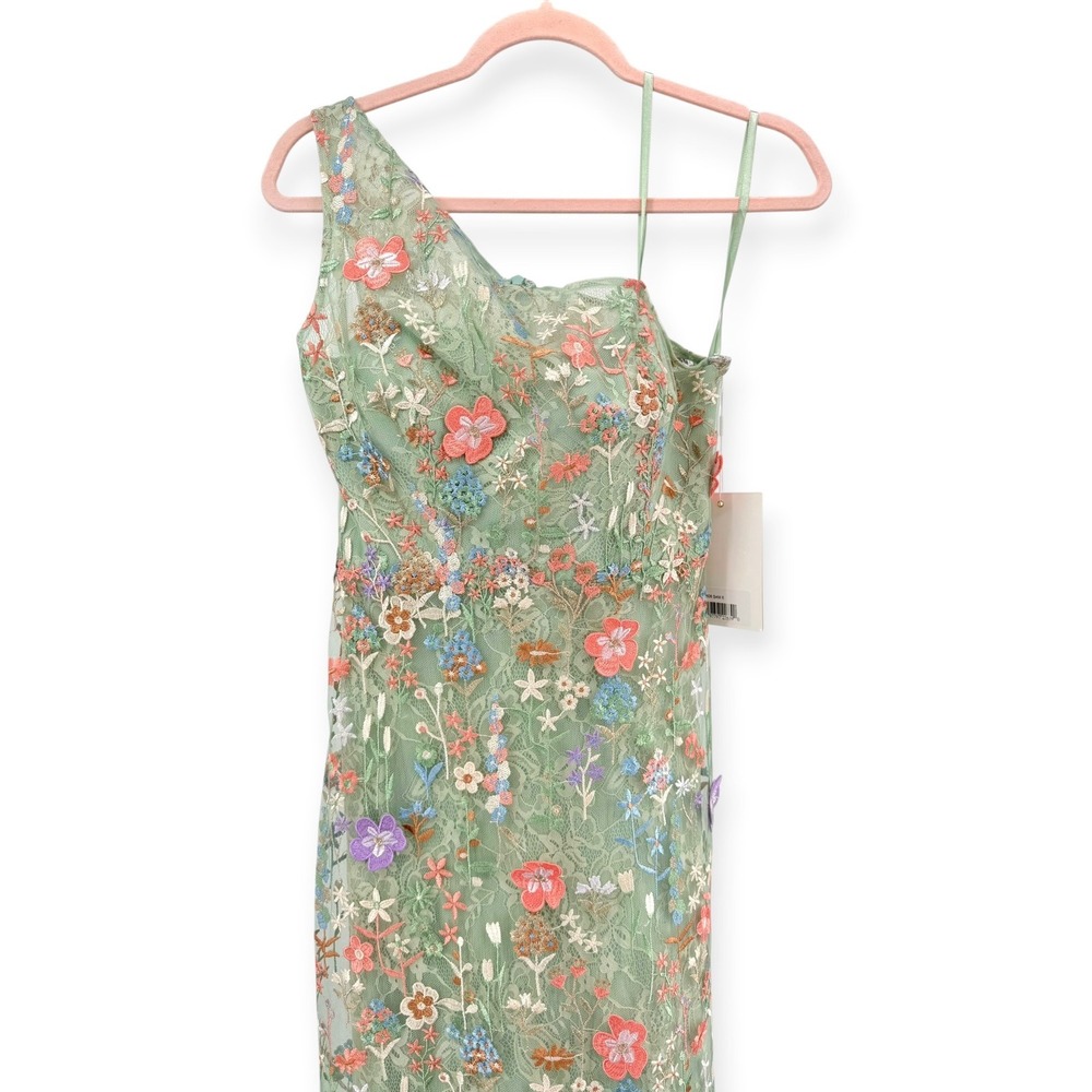 Mac Duggal One-Shoulder Floral Gown in Mint with Pink & Purple Accents - Picture 7 of 15